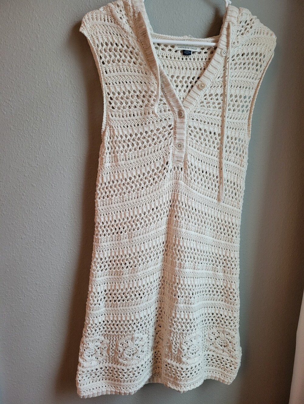 American Eagle Outfitters Cream Crochet Hooded Button-Front Swim Coverup
